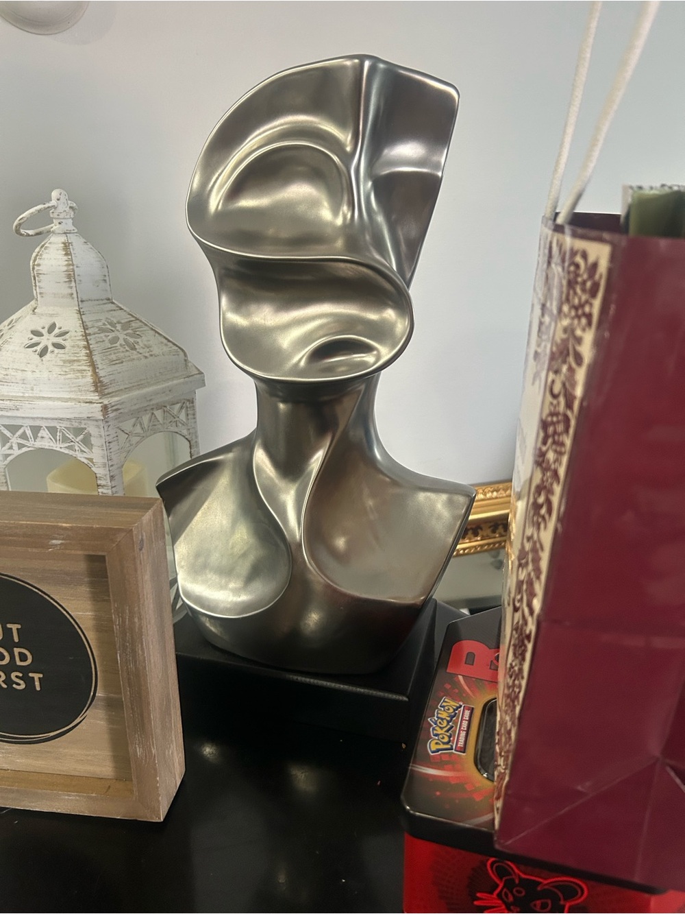 Contemporary Abstract Metallic Silver Sculpture Bust - Home Art